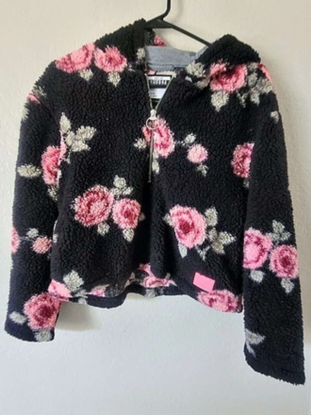 Justice Floral Sherpa Hoodie Girls Size 14 Black & Pink